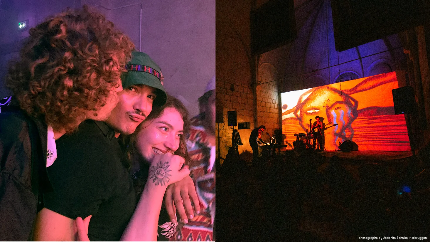 a photograph of people hugging and a photograph of an acoustic concert