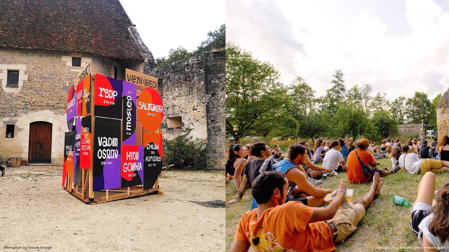a photograph of Dissociate festival 2023's timetable painted on a wooden structure and a photograph of a crowd sitting on grass