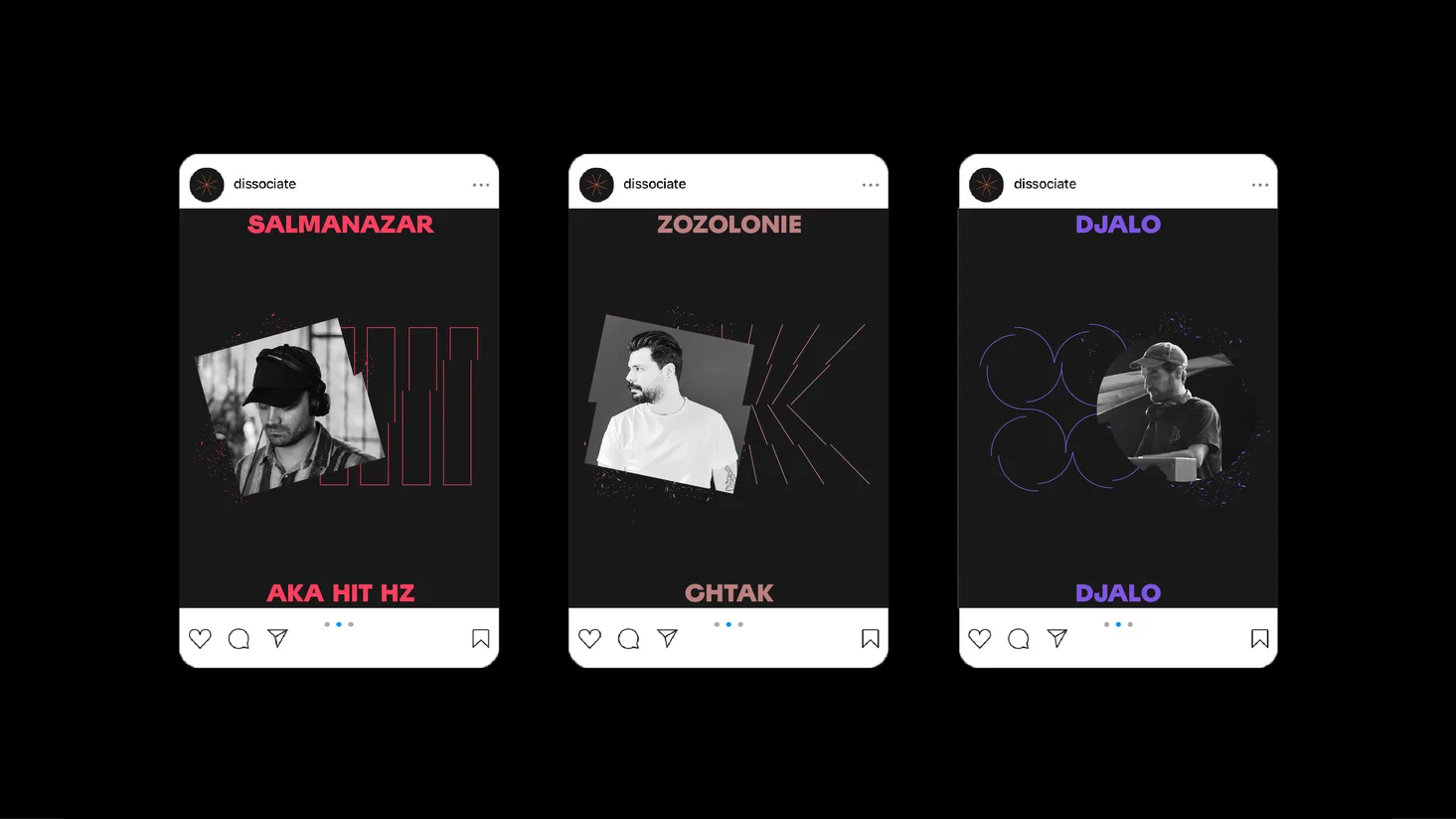 selection of 3 instagram posts that present DJs playing at Dissociate festival 2023