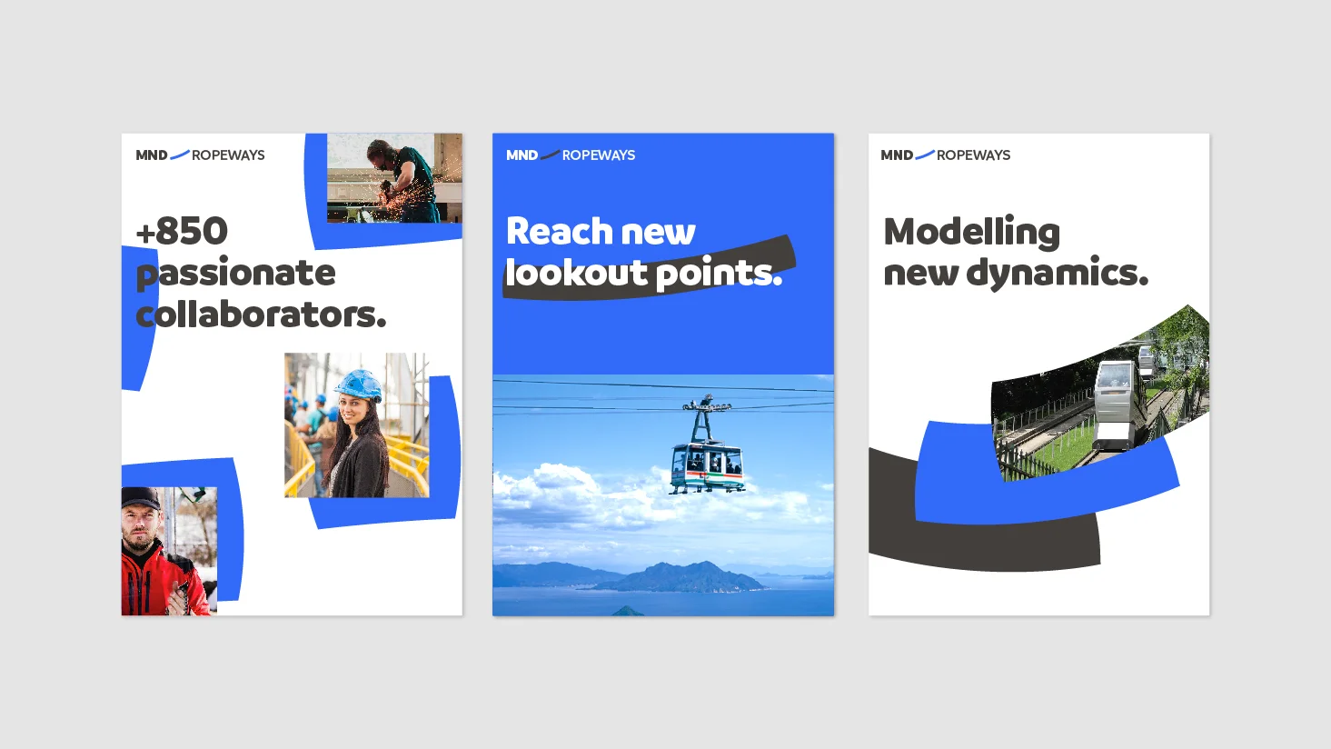 three posters showcasing MND's graphic system